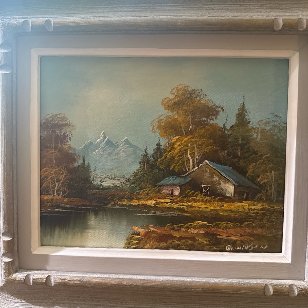 Vintage Signed Oil Painting Blue and Green Mountain Lake Cottage Oil Painting - Picture 3 of 8